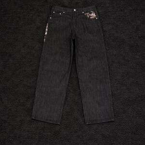 Schutze Blossom v2 Raw Black Denim Jeans — Embroidered Wide Leg, Size 34